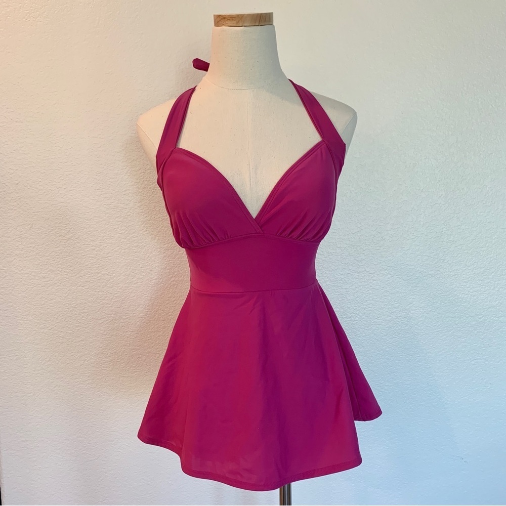 🩷 Magenta Padded One-Piece Halter Neck Swim Dress Swimsuit Pink
